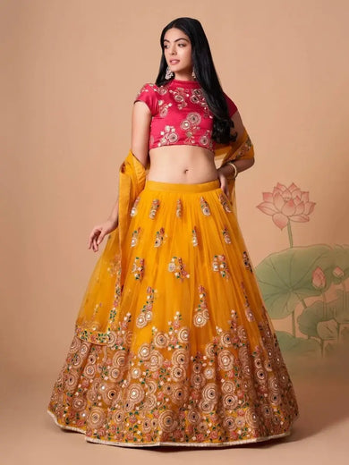 Dazzling Yellow Sequins Work Net Designer Lehenga Choli